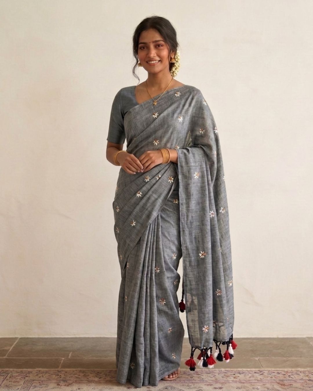 Khadi jasmine embroidery - Grey