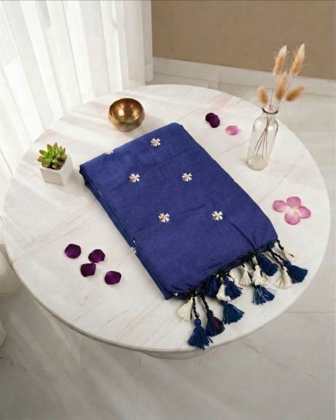 Khadi jasmine embroidery - Ink blue
