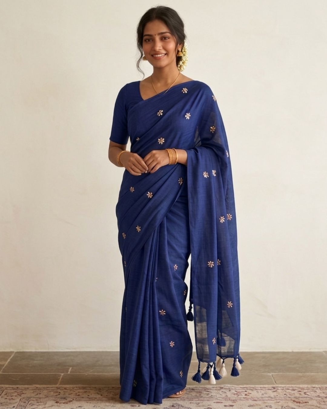 Khadi jasmine embroidery - Ink blue