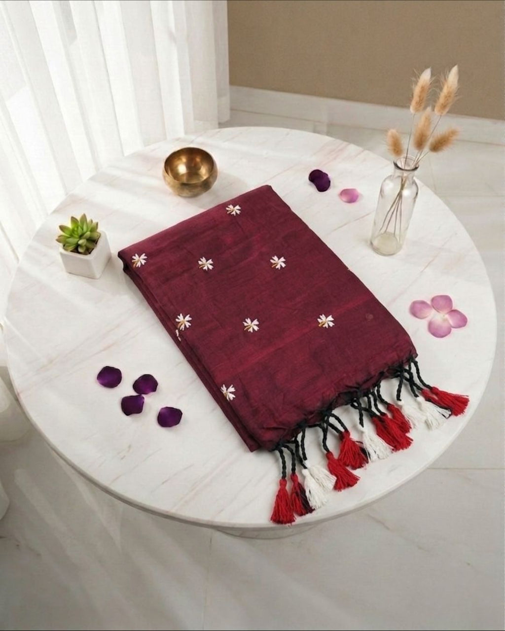 Khadi jasmine embroidery - Maroon