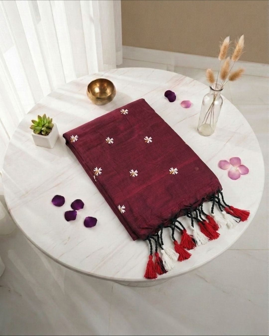 Khadi jasmine embroidery - Maroon