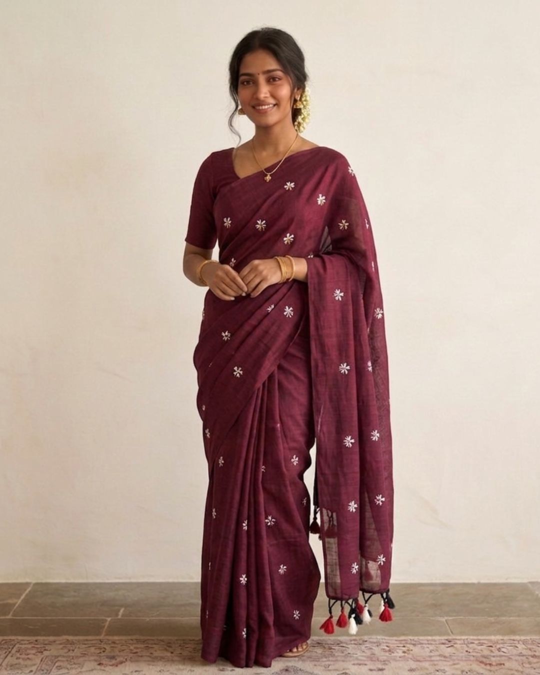 Khadi jasmine embroidery - Maroon