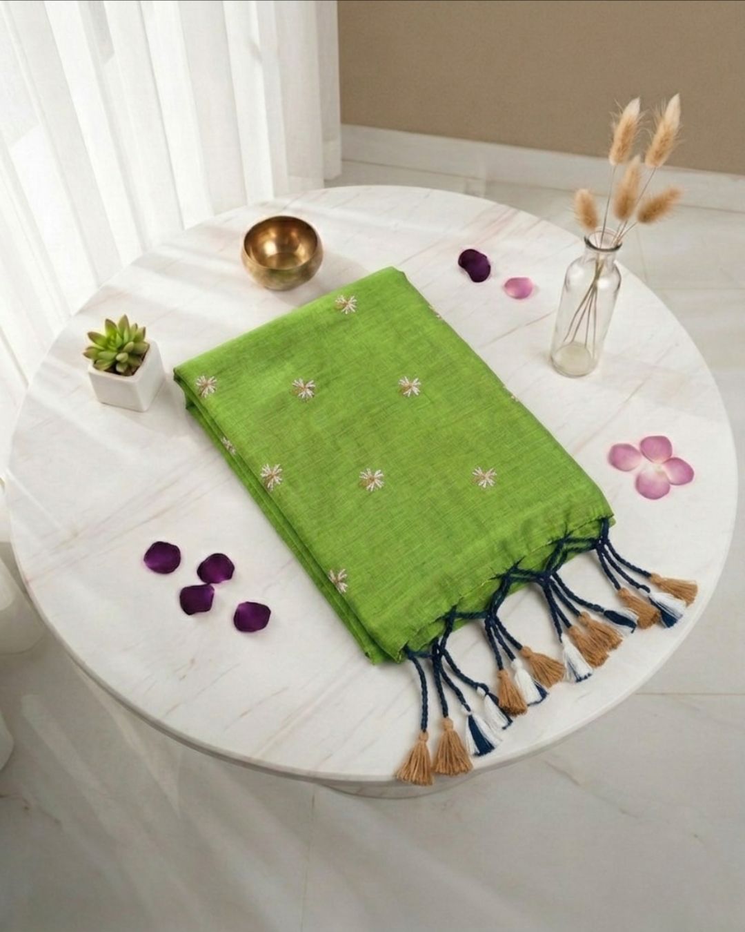 Khadi jasmine embroidery - Parrot Green