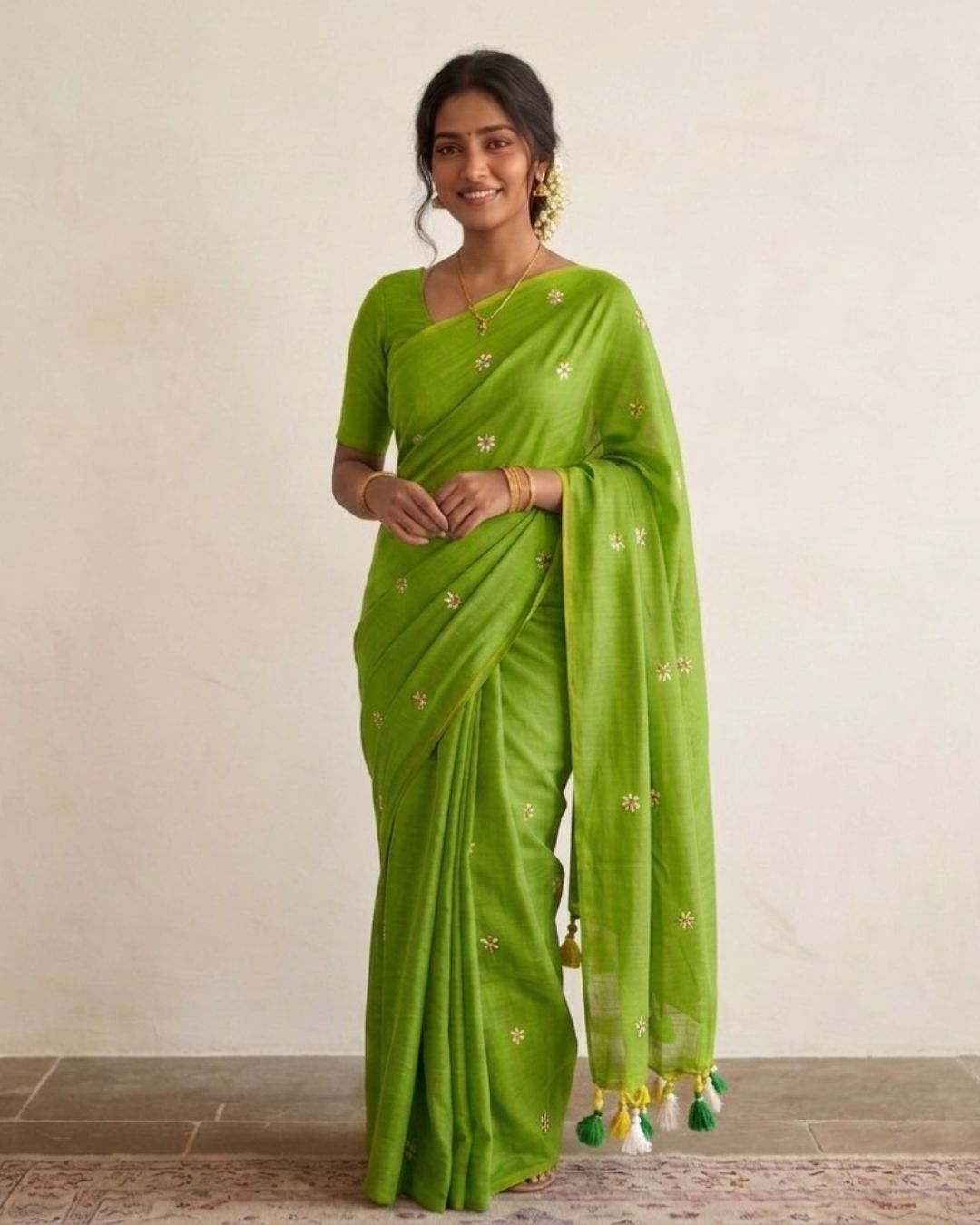 Khadi jasmine embroidery - Parrot Green