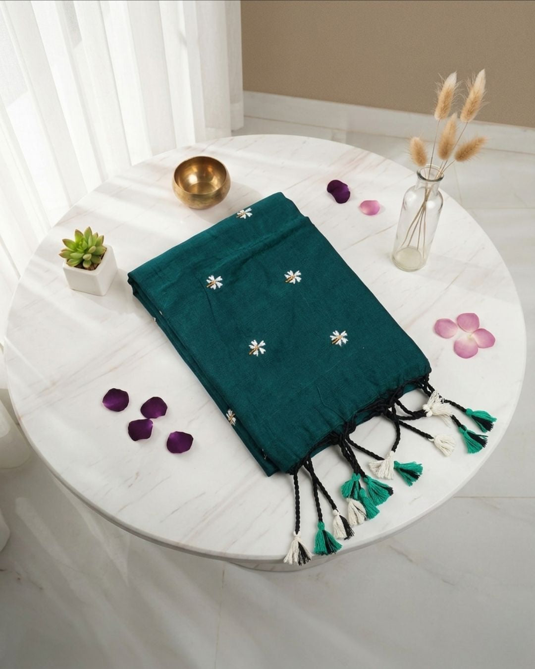 Khadi jasmine embroidery - Peacock Green