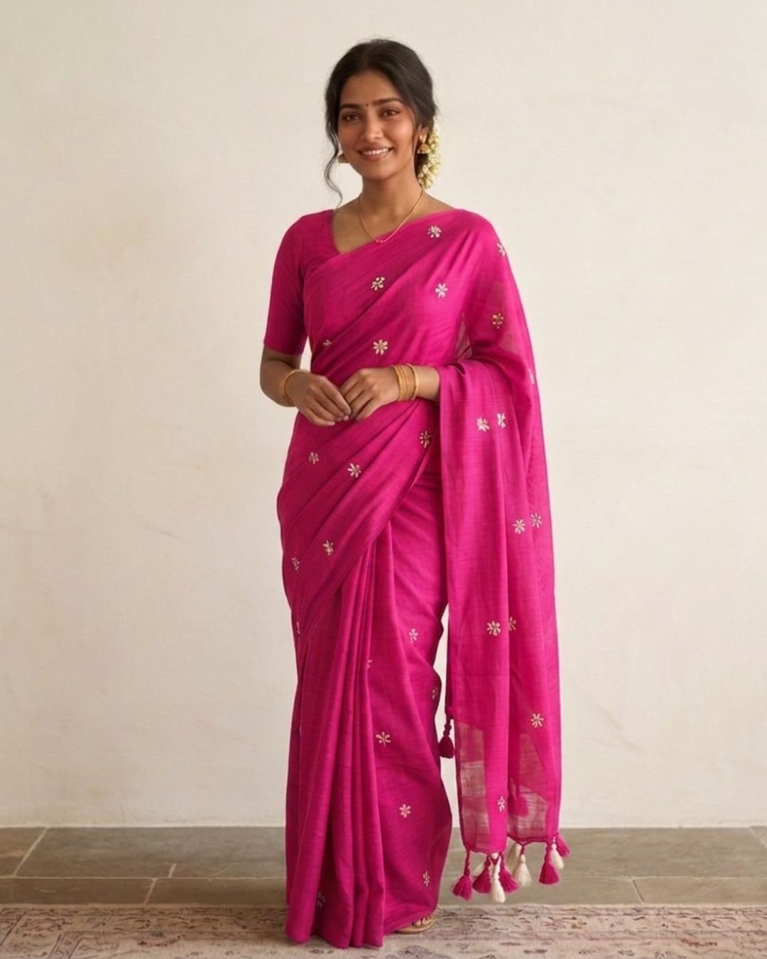 Khadi jasmine embroidery - Pink