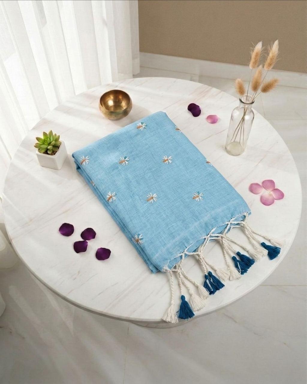 Khadi jasmine embroidery - Sky blue