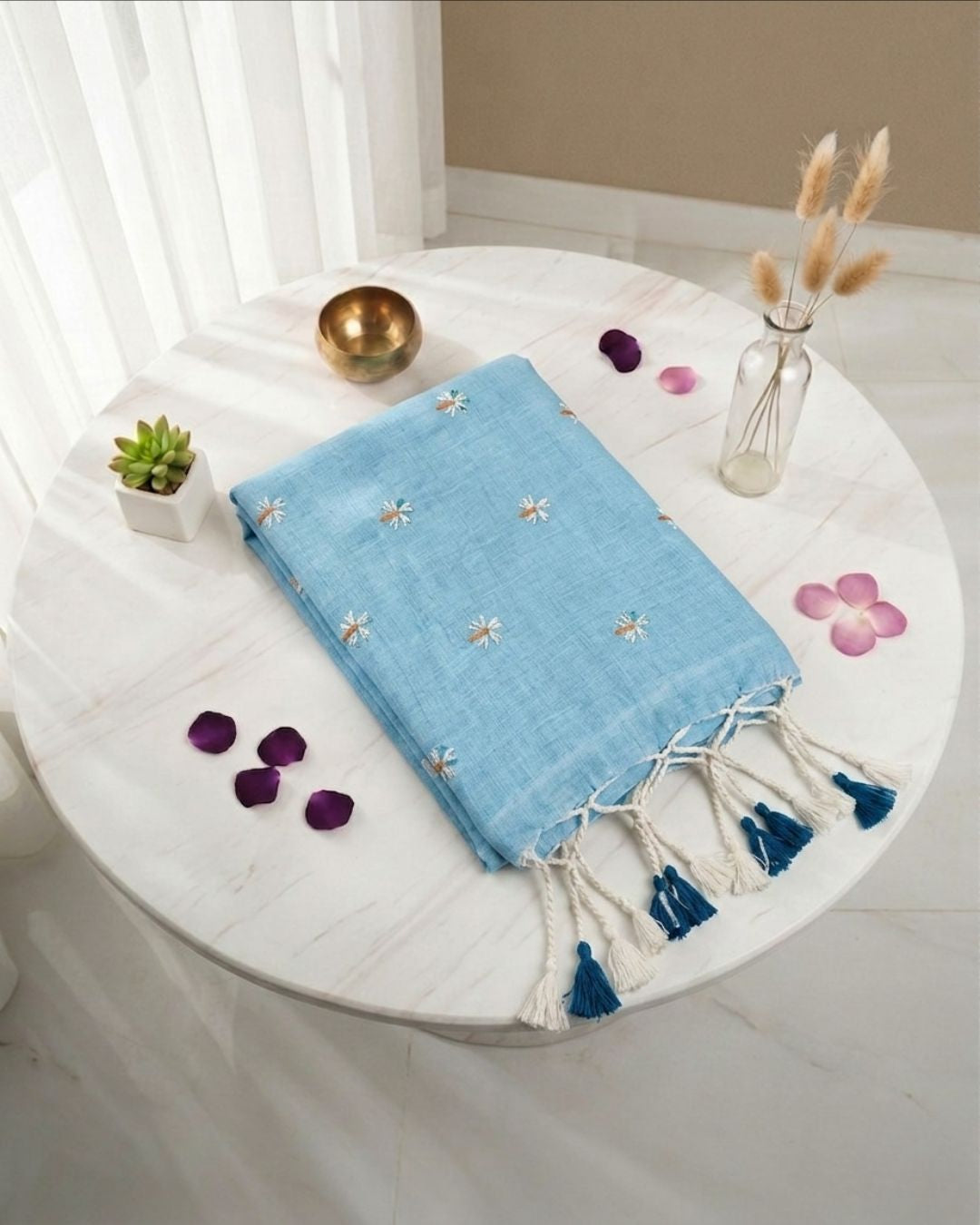 Khadi jasmine embroidery - Sky blue