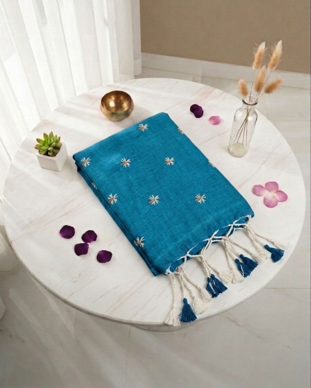 Khadi jasmine embroidery - Teal blue