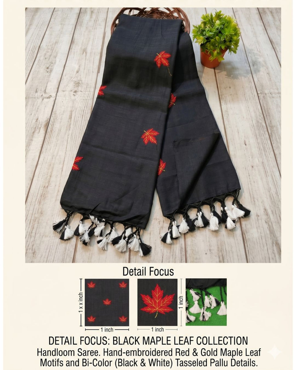 Khadi leaf embroidery -  Black