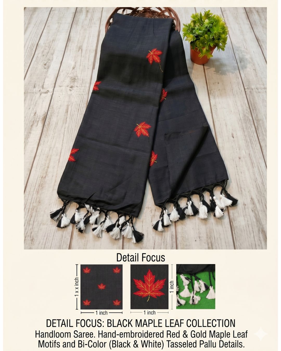 Khadi leaf embroidery -  Black
