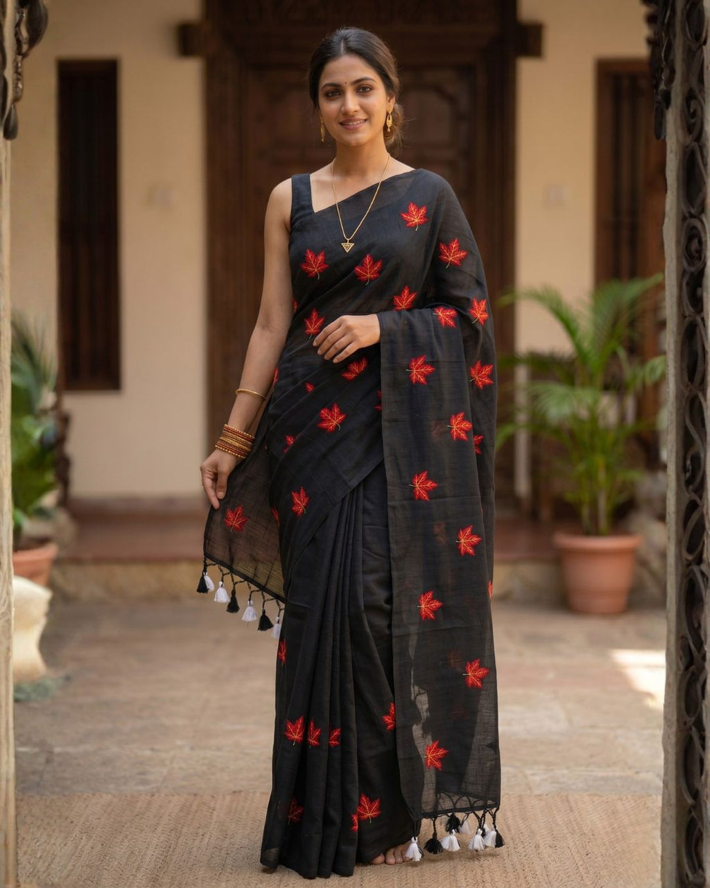 Khadi leaf embroidery -  Black