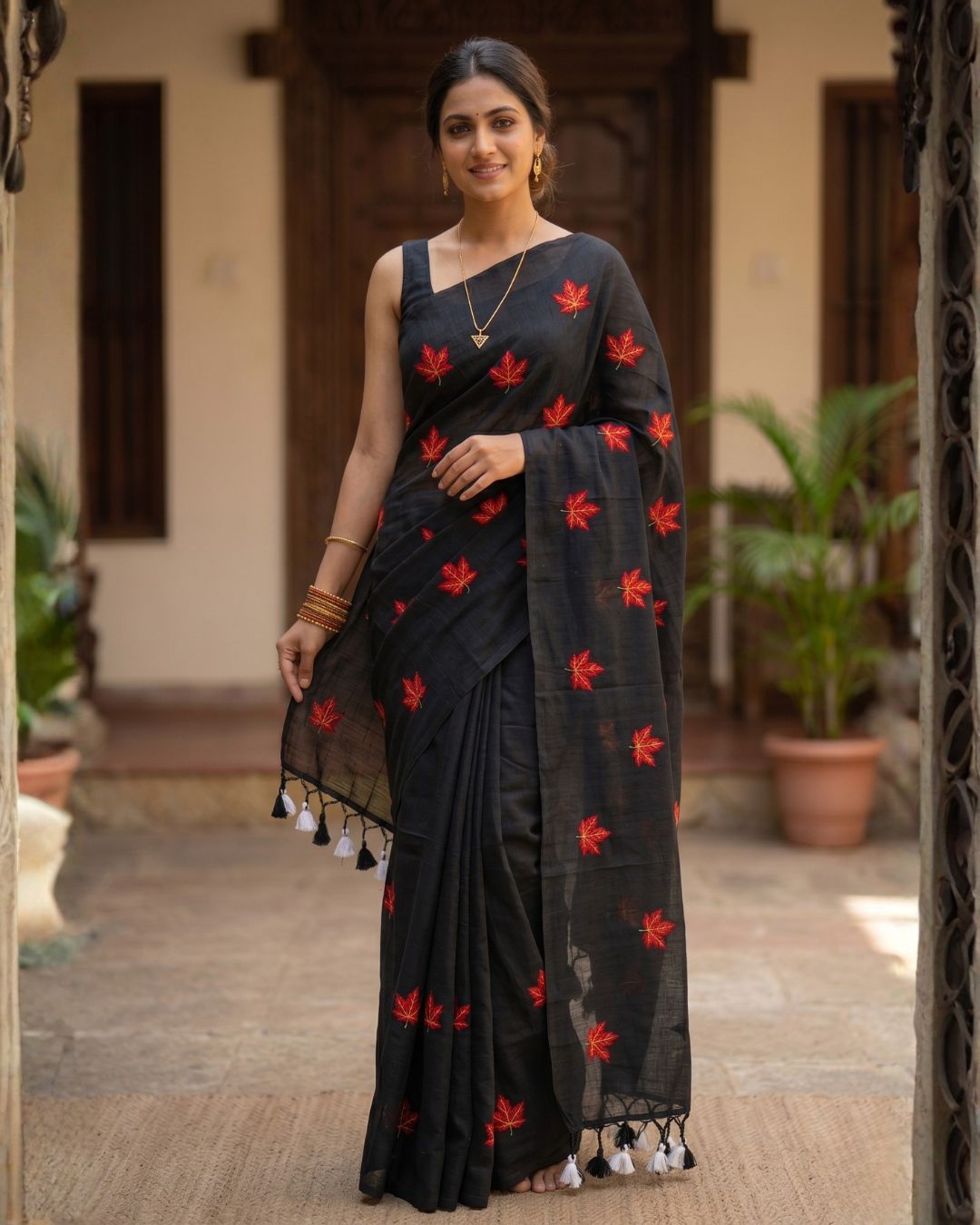 Khadi leaf embroidery -  Black