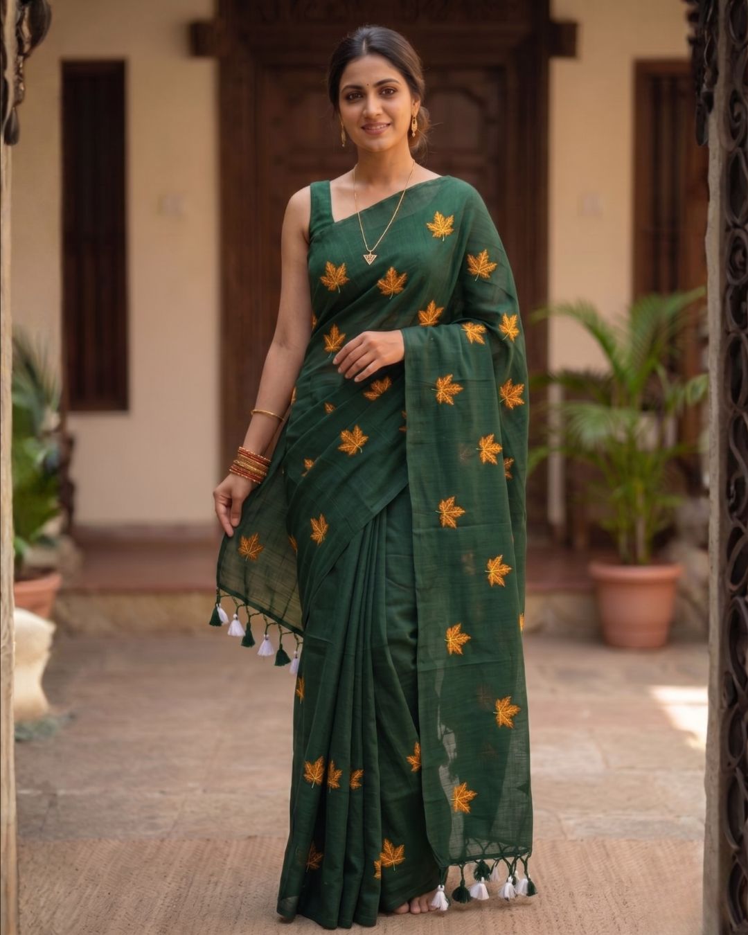 Khadi leaf embroidery -  Bottle Green