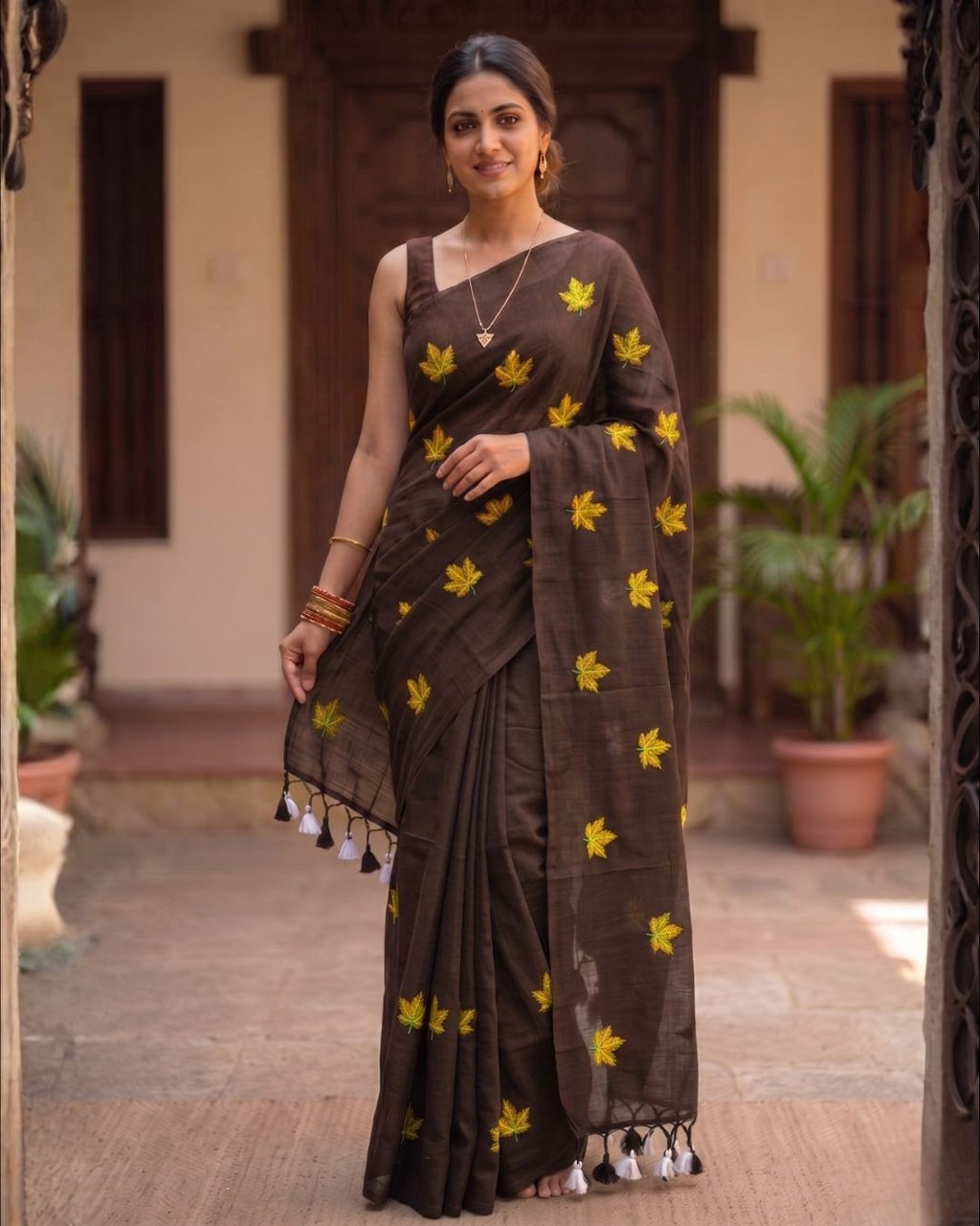 Khadi leaf embroidery -  Chocolate Brown