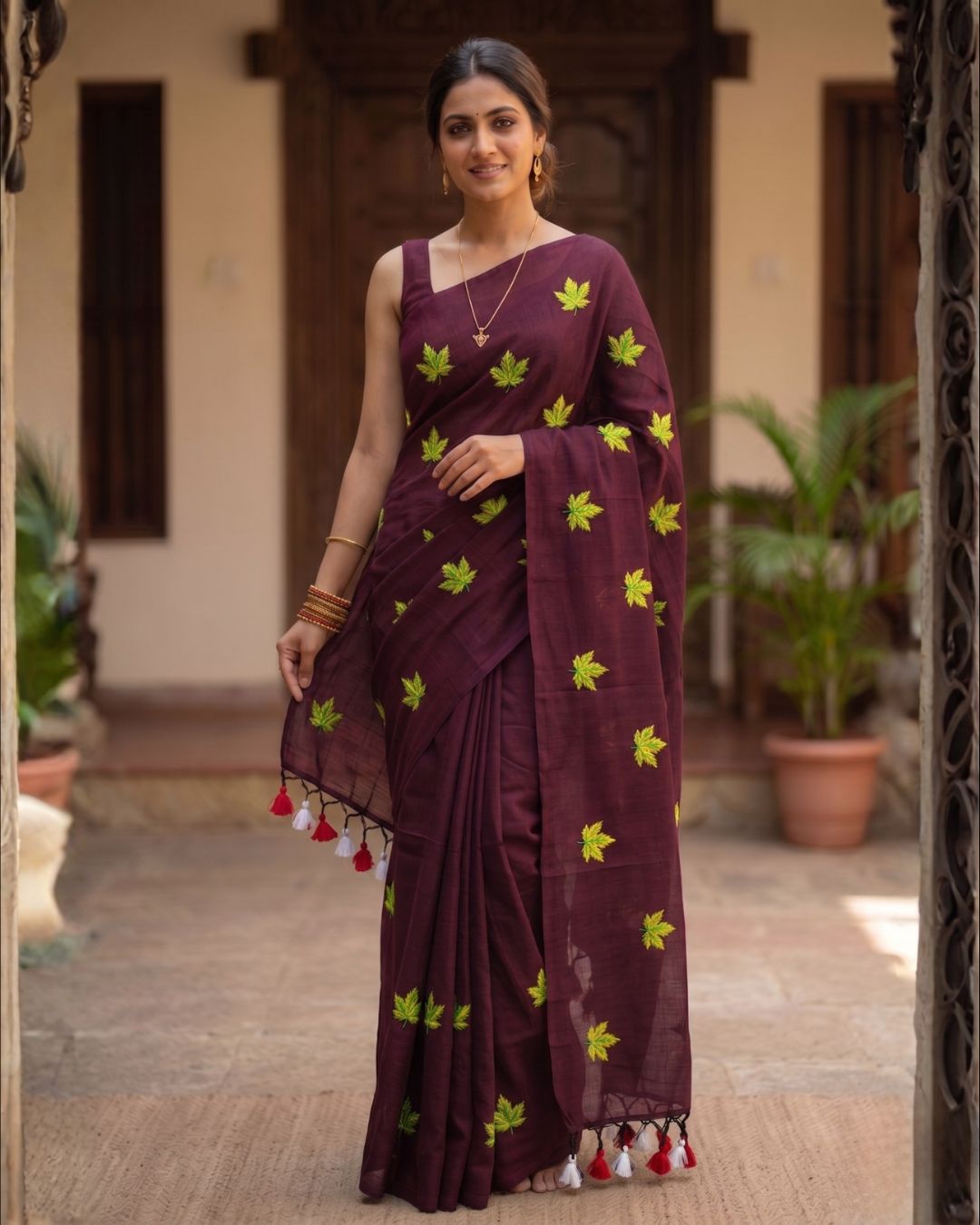 Khadi leaf embroidery - Dark Maroon