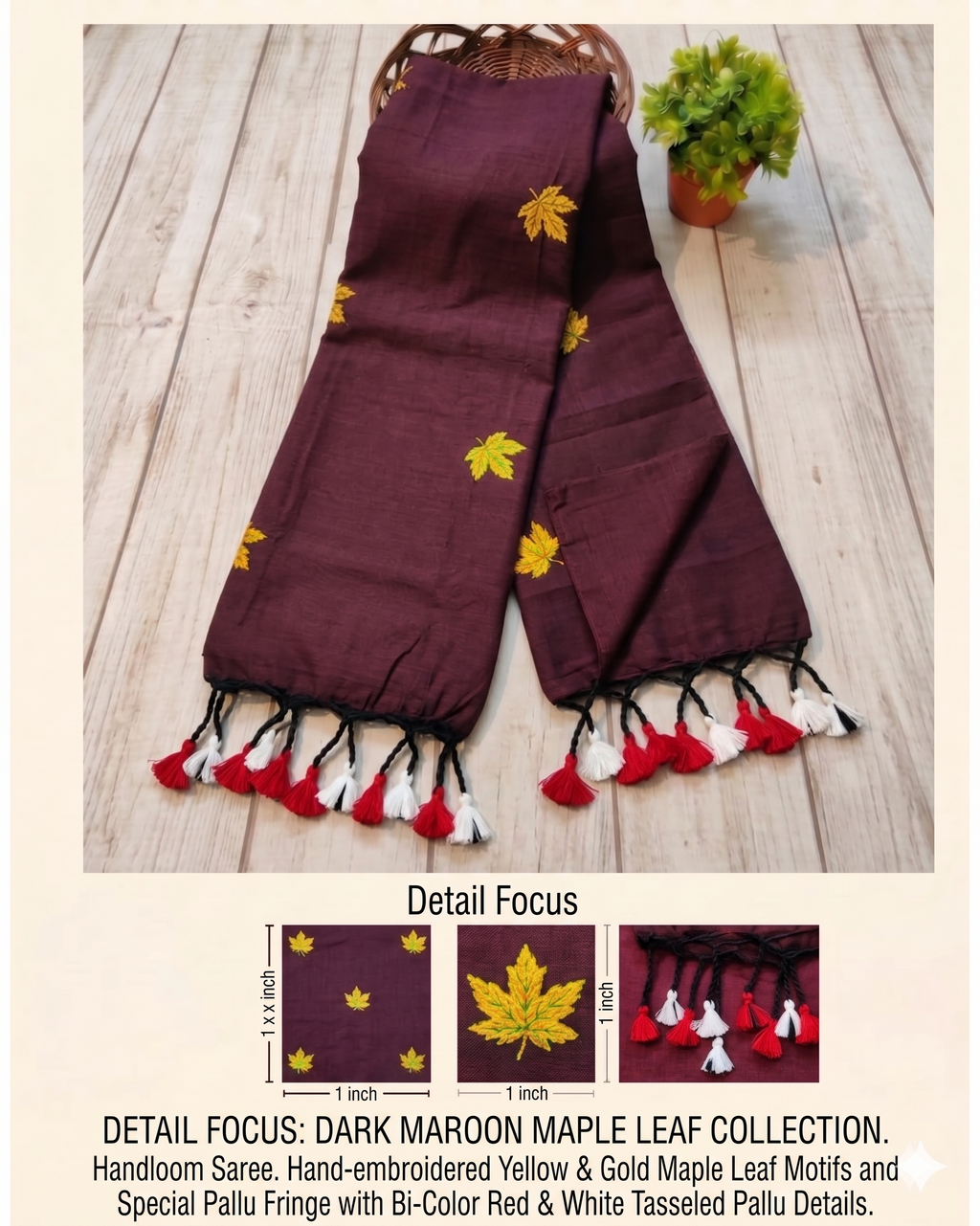 Khadi leaf embroidery - Dark Maroon