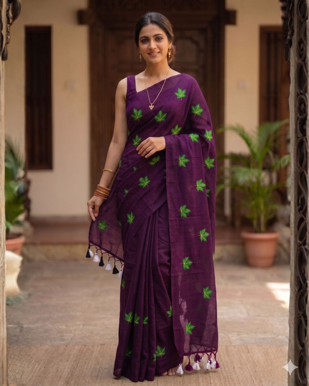 Khadi leaf embroidery - Dark Purple