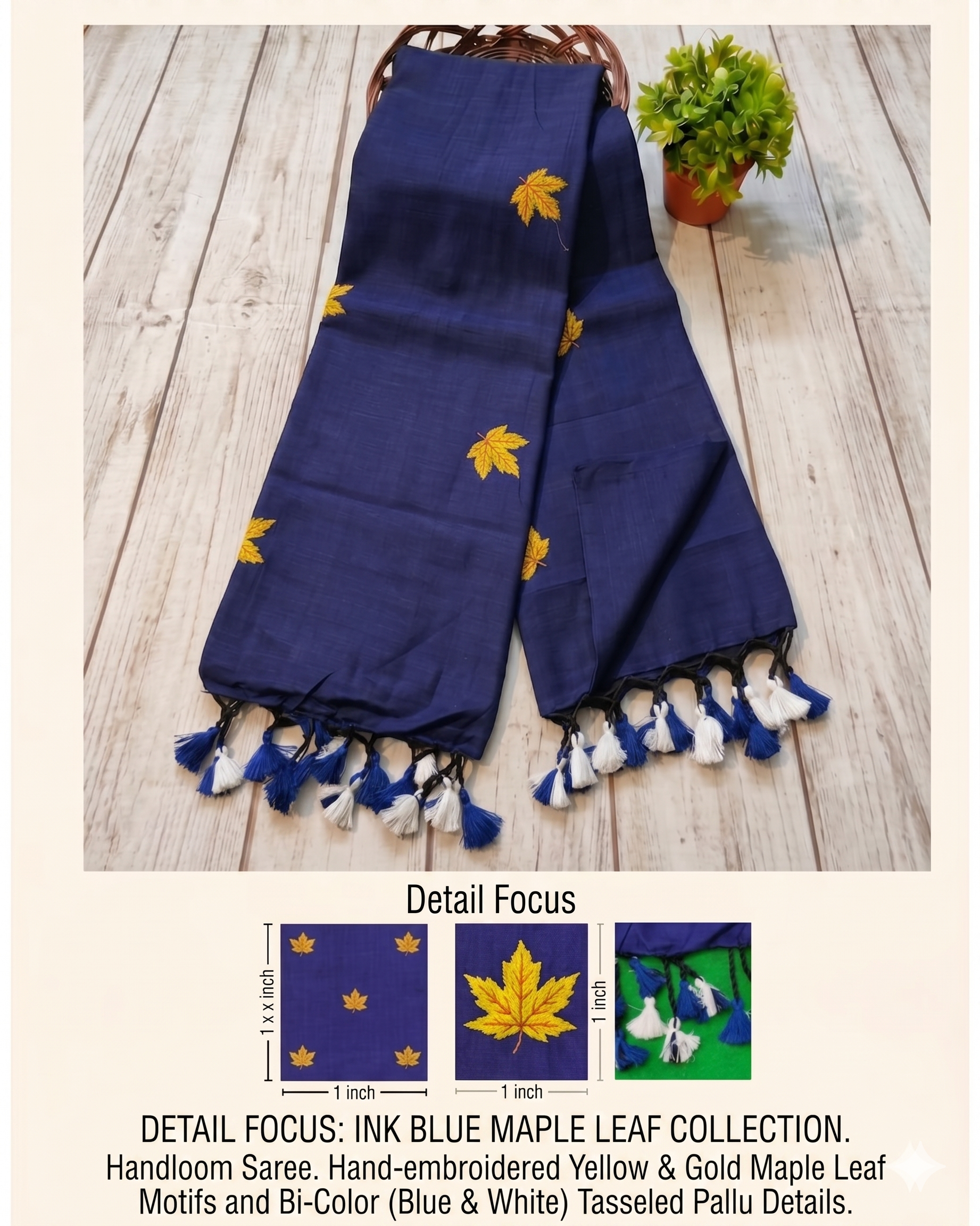 Khadi leaf embroidery -  Ink Blue