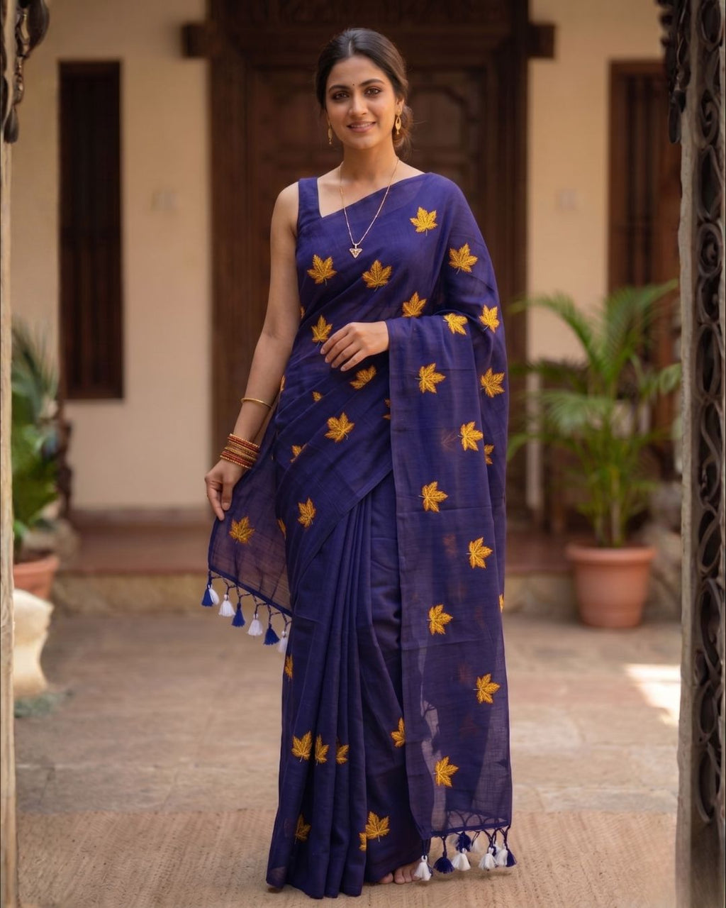 Khadi leaf embroidery -  Ink Blue