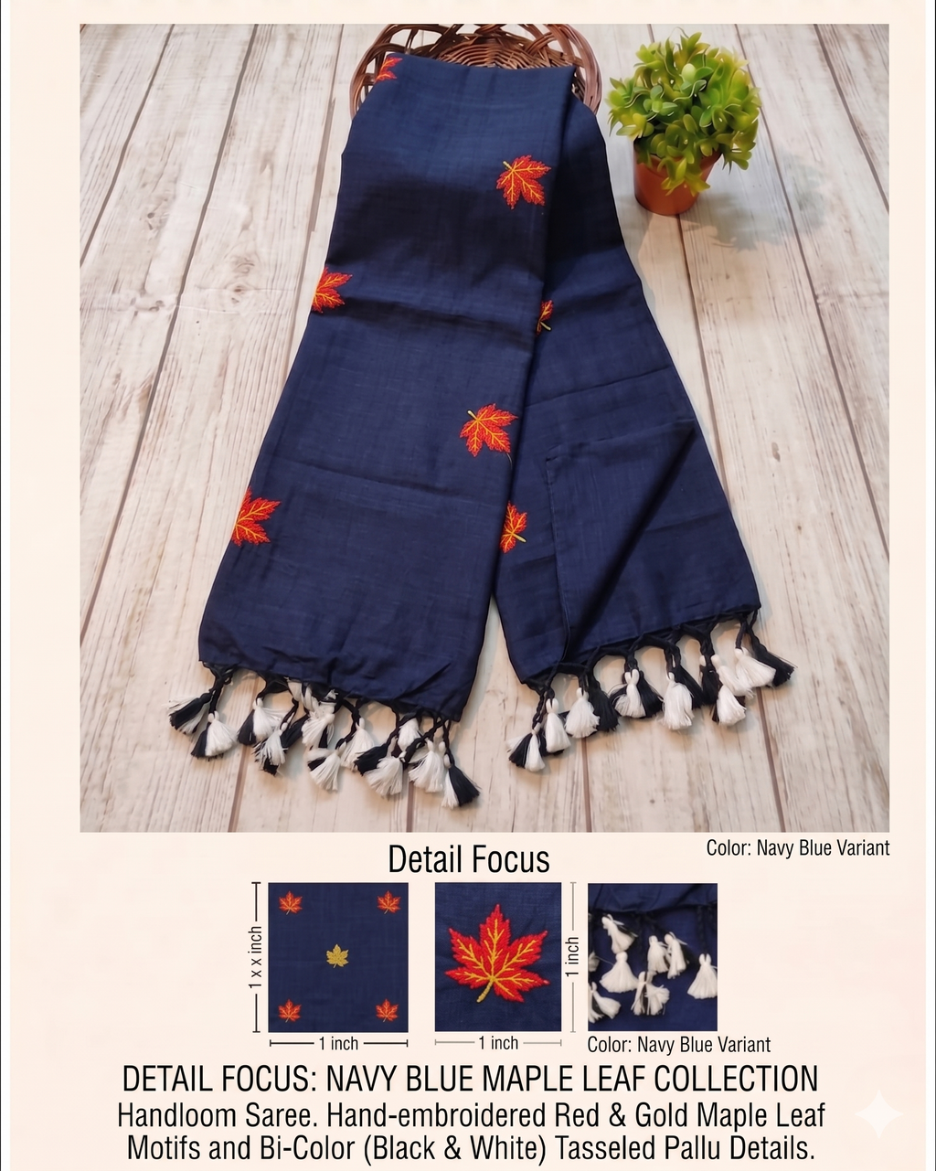 Khadi leaf embroidery -  Navy Blue