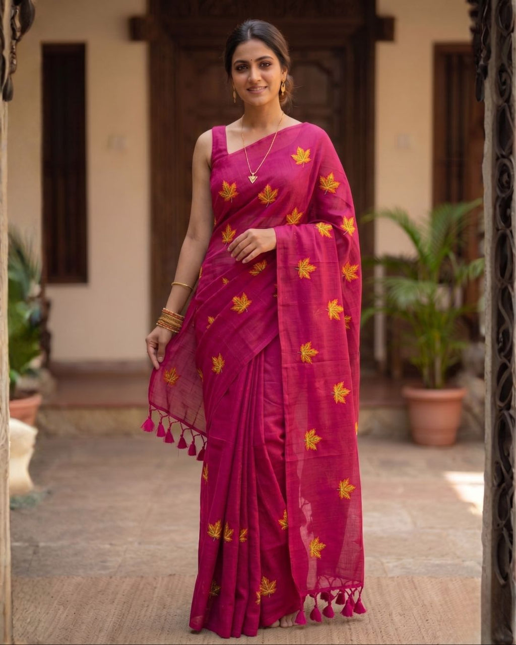 Khadi leaf embroidery -  Pink