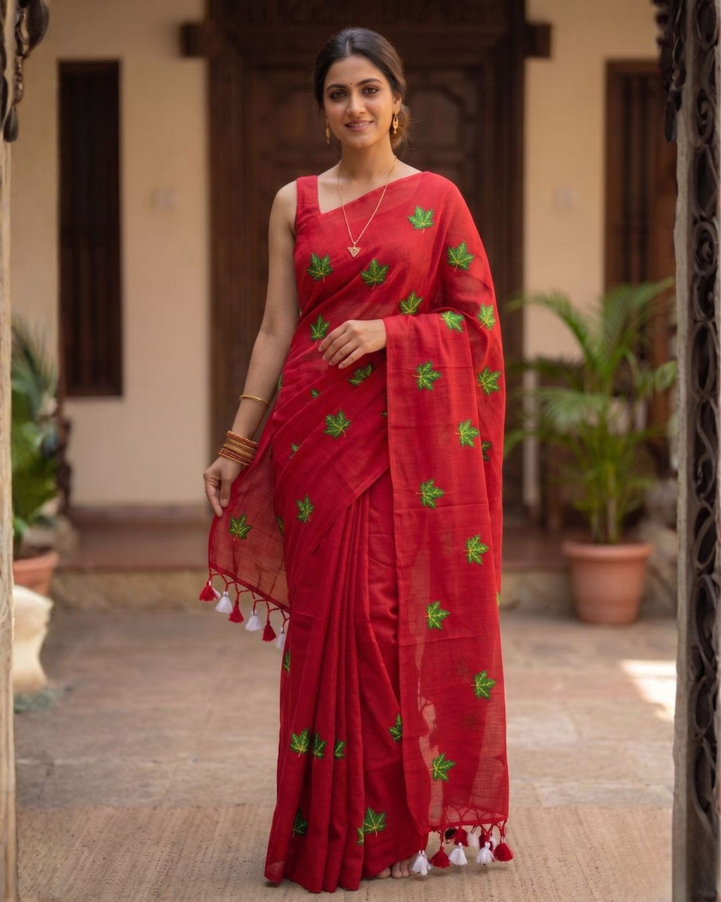 Khadi leaf embroidery -  Red