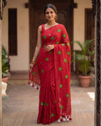 Khadi leaf embroidery -  Red