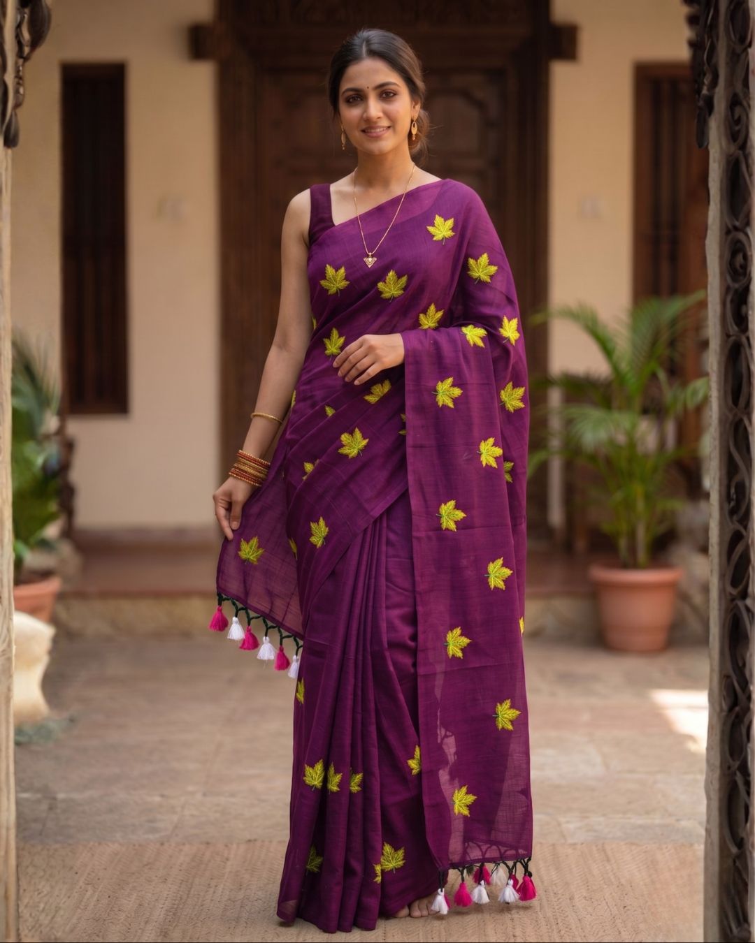 Khadi leaf embroidery -  Royal Purple
