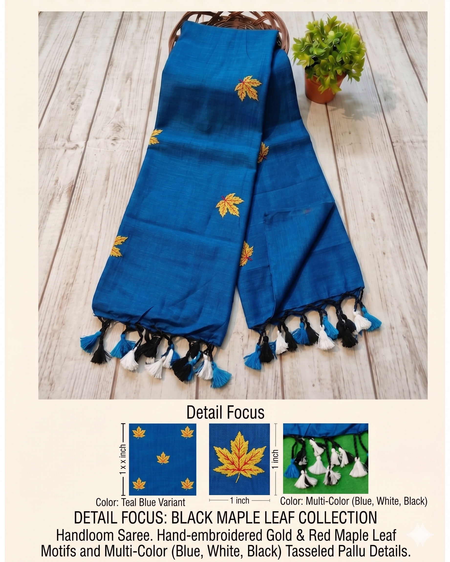 Khadi leaf embroidery -  Teal Blue