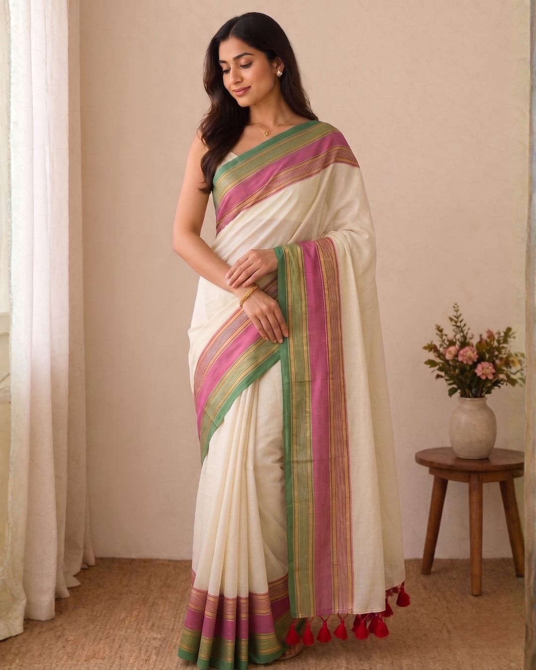 Mul Mul Saree - White, Green & Pink Border