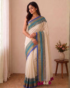 Mul Mul Saree - White, Green (w) Blue