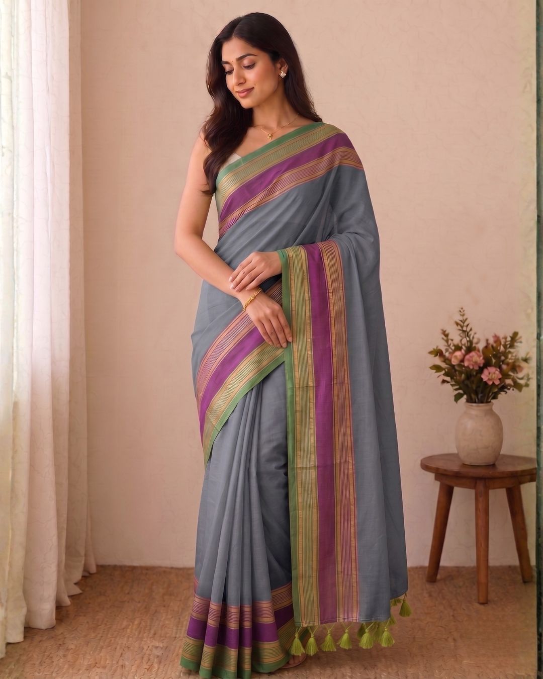 Mul Mul Saree - Grey