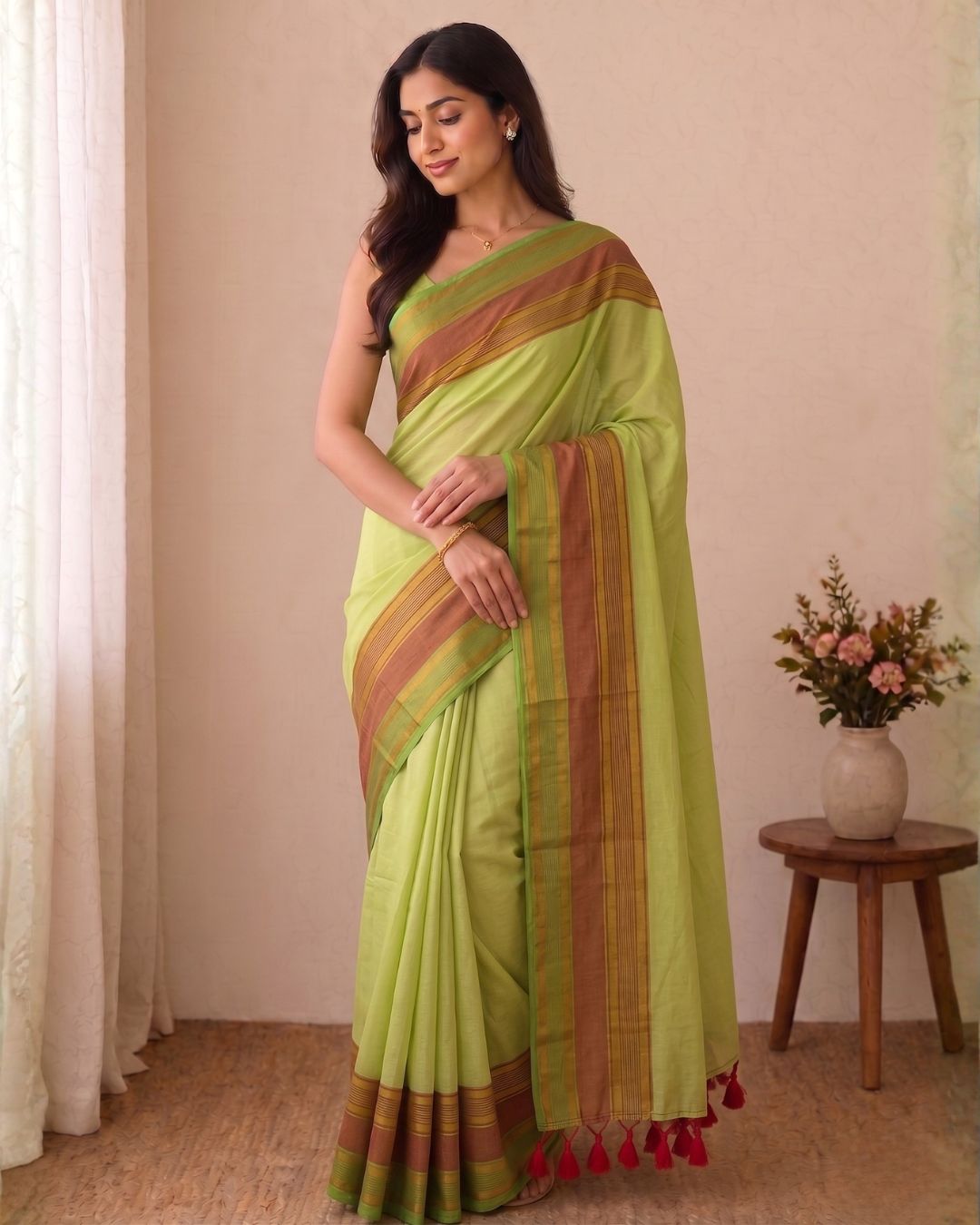 Mul Mul Saree - Parrot Green