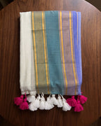 Mul Mul Saree - White, Green (w) Blue