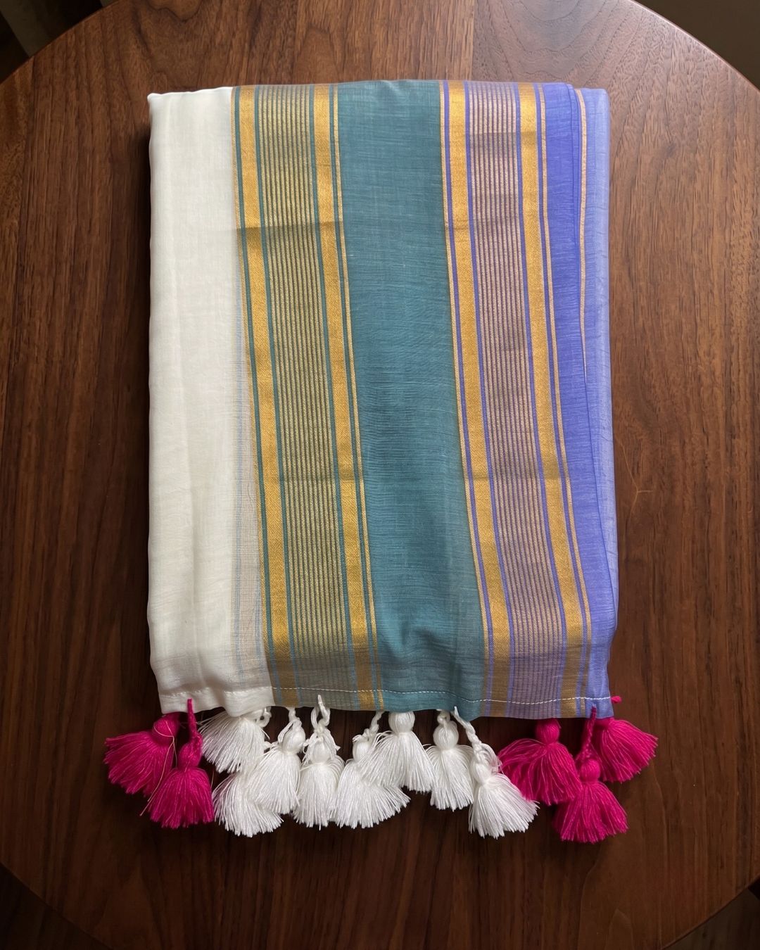 Mul Mul Saree - White, Green (w) Blue