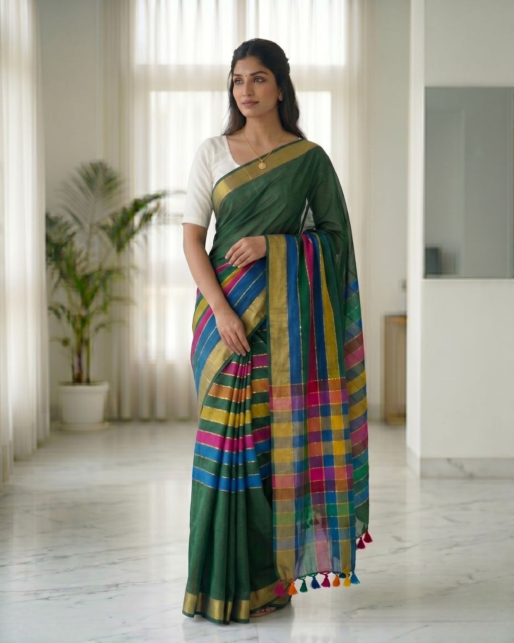 Mul Mul rainbow jari stripes - Dark Ramar Green