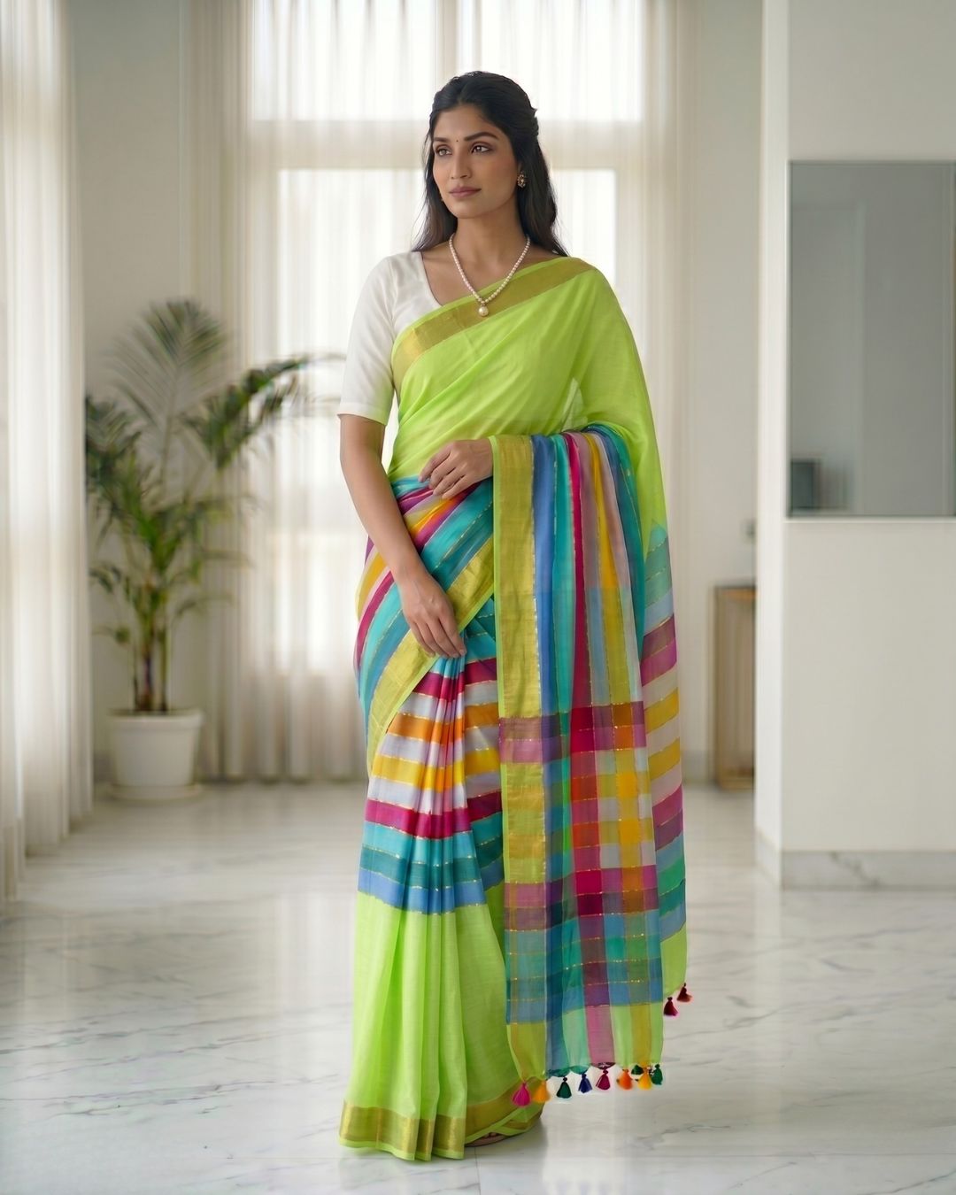 Mul Mul rainbow jari stripes - Parrot green