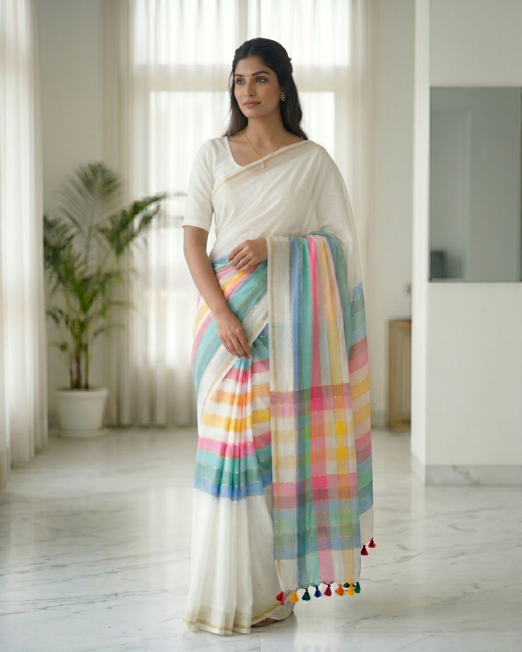 Mul Mul rainbow jari stripes - White