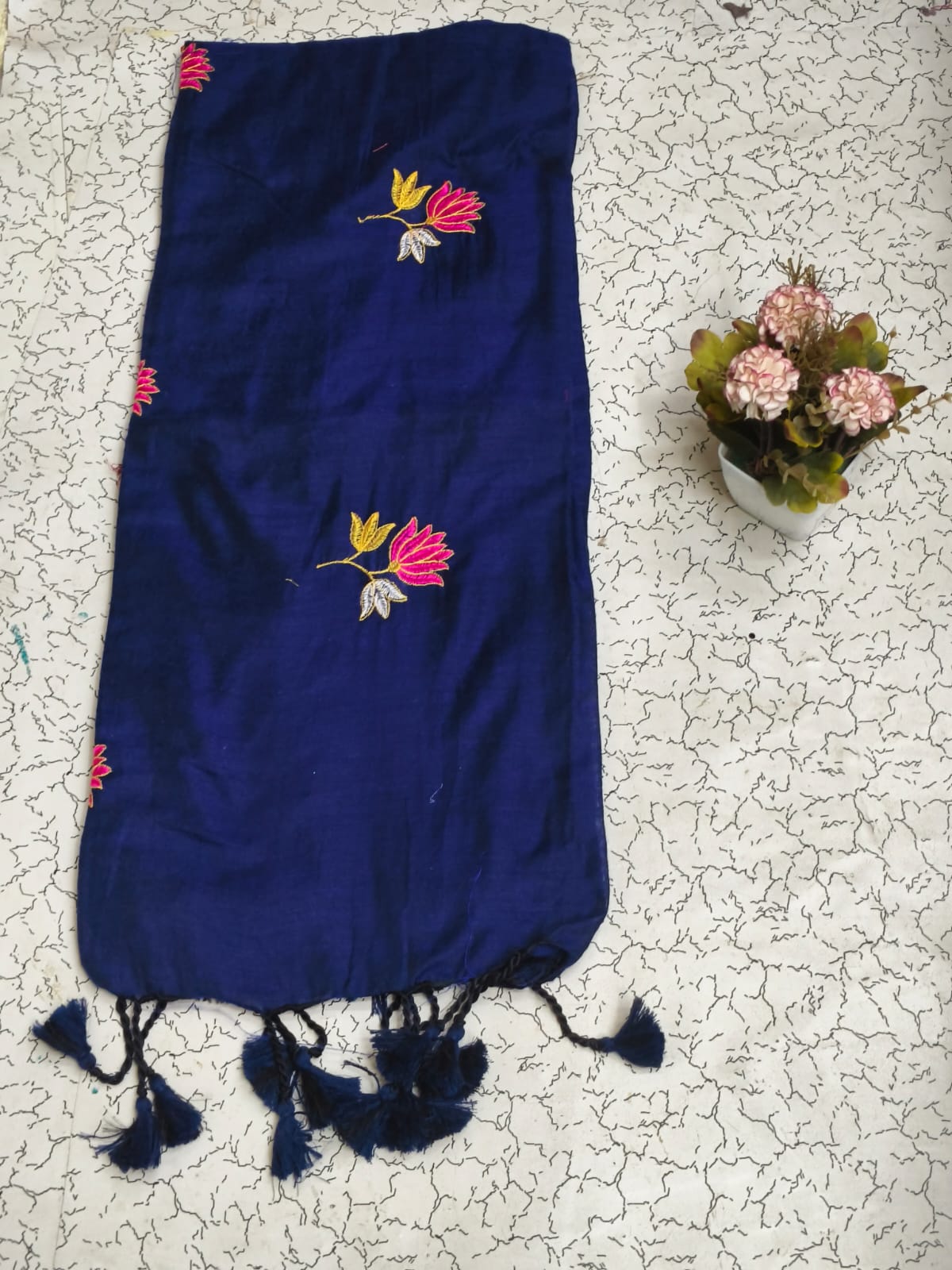 Khadi lotus embroidery -  Ink blue