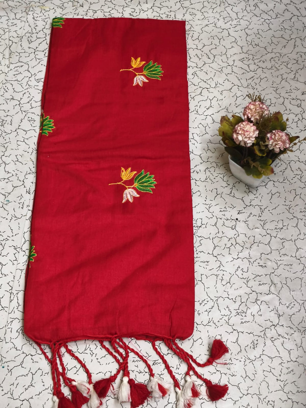 Khadi lotus embroidery saree - Red