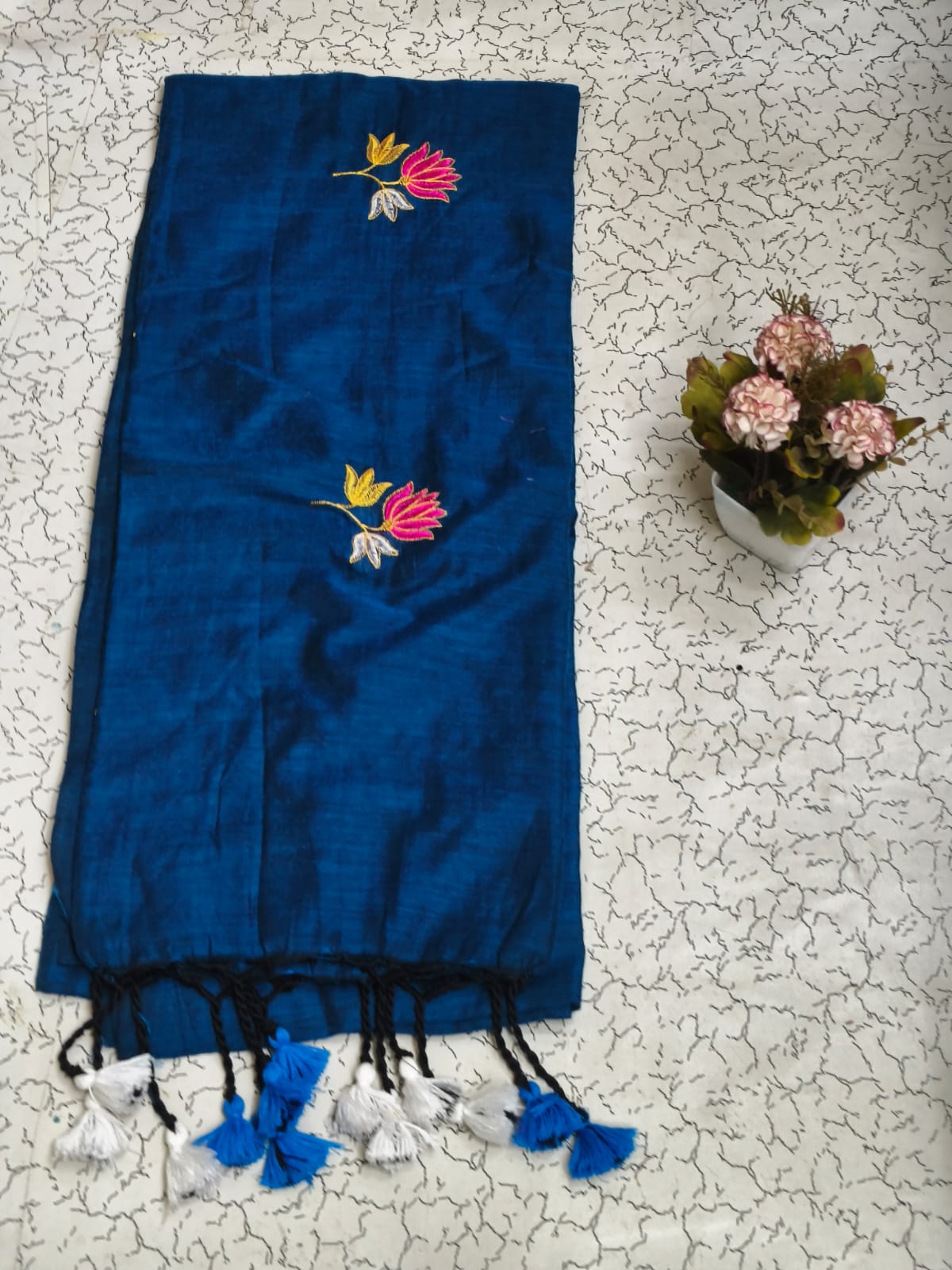 Khadi lotus embroidery -  Teal blue