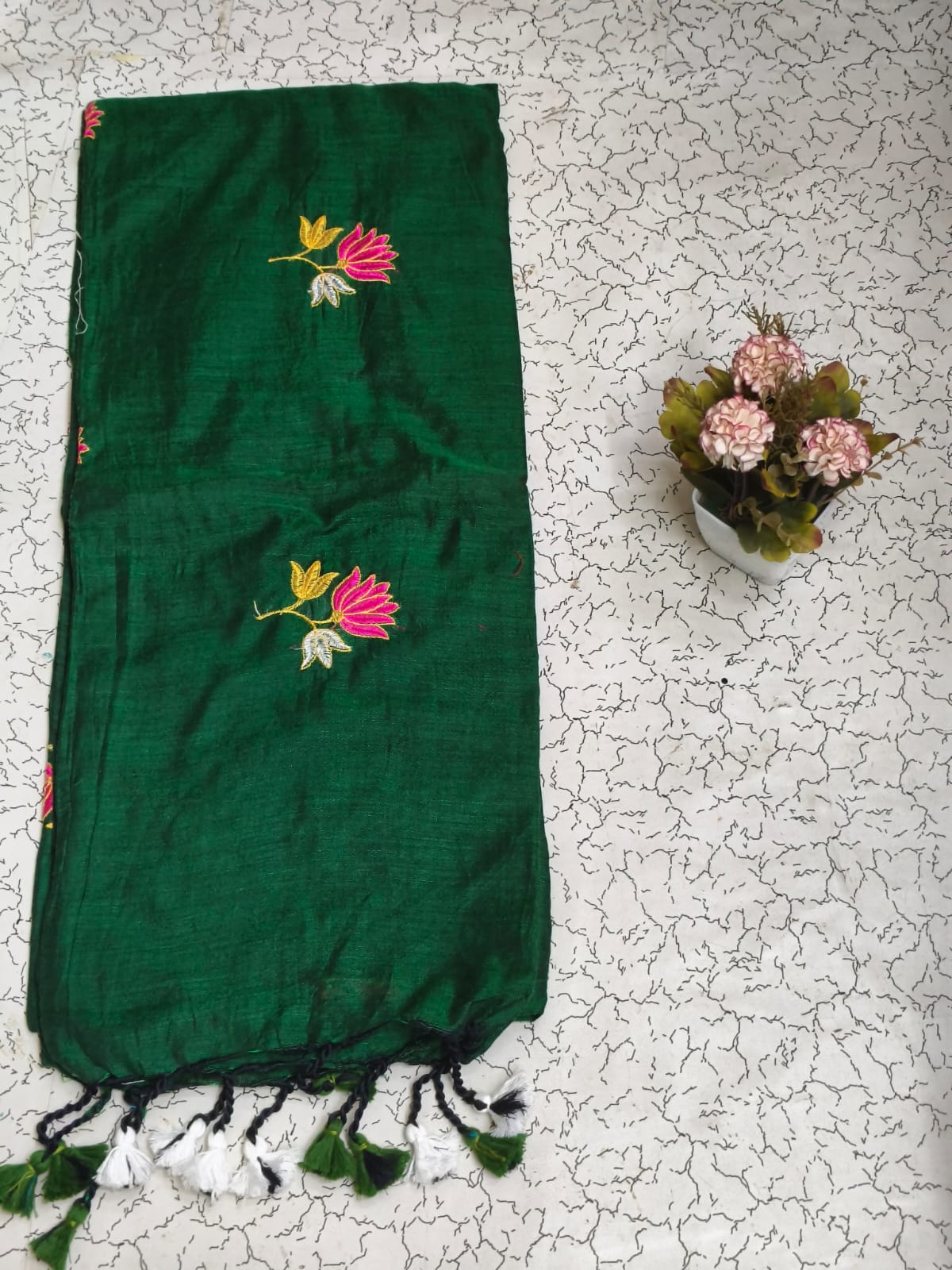 Khadi lotus embroidery -  Bottle green