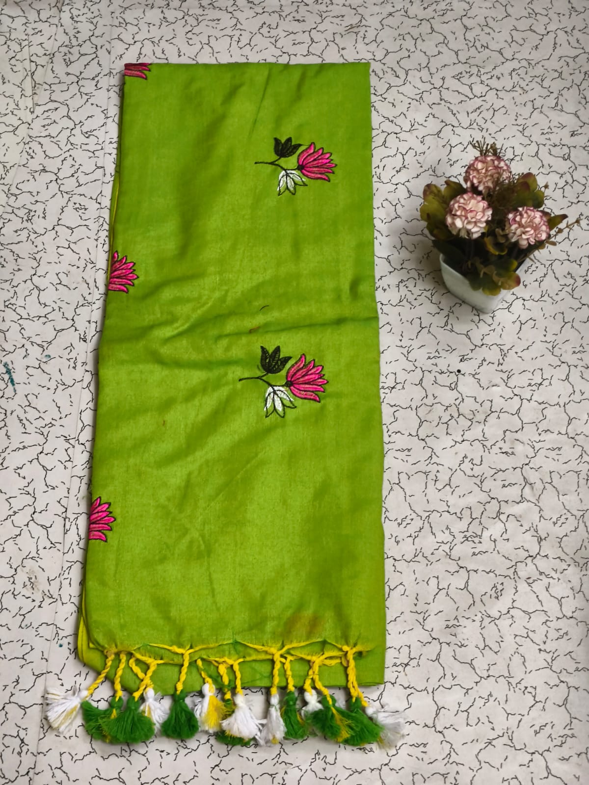 Khadi lotus embroidery -  Parrot Green