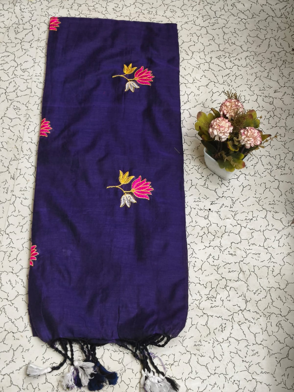 Khadi lotus embroidery saree - Dark Purple