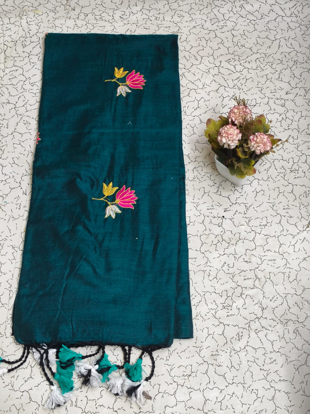 Khadi lotus embroidery -  Peacock green