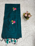 Khadi lotus embroidery -  Peacock green