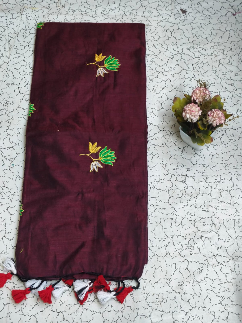 Khadi lotus embroidery -  Maroon